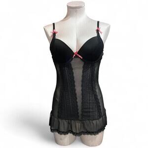 Y2K Jessica Simpson black lace mini dress with cute pink bow lingerie size M